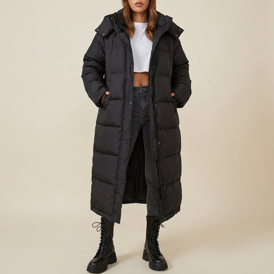 Lang kvindepjakke med hætte sort | Daglig vinterbrug