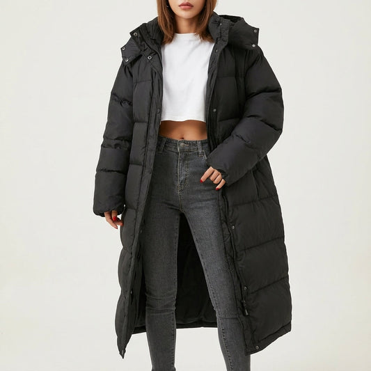 Lang kvindepjakke med hætte sort | Daglig vinterbrug